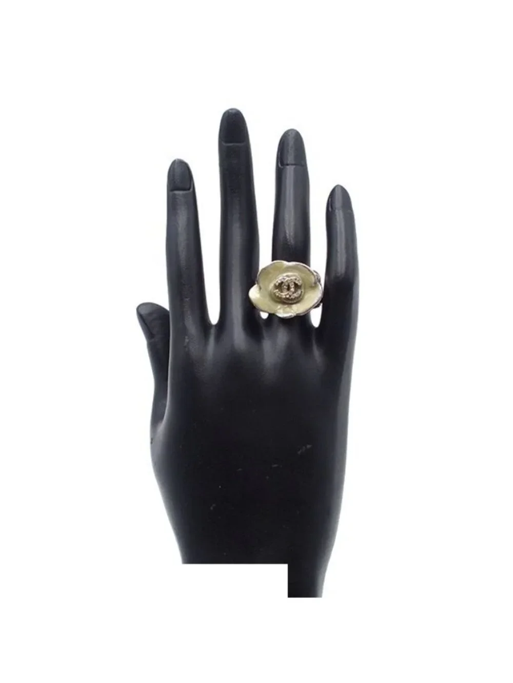 Chanel Camellia Silver Metal CC Logo Rhinestone Ring